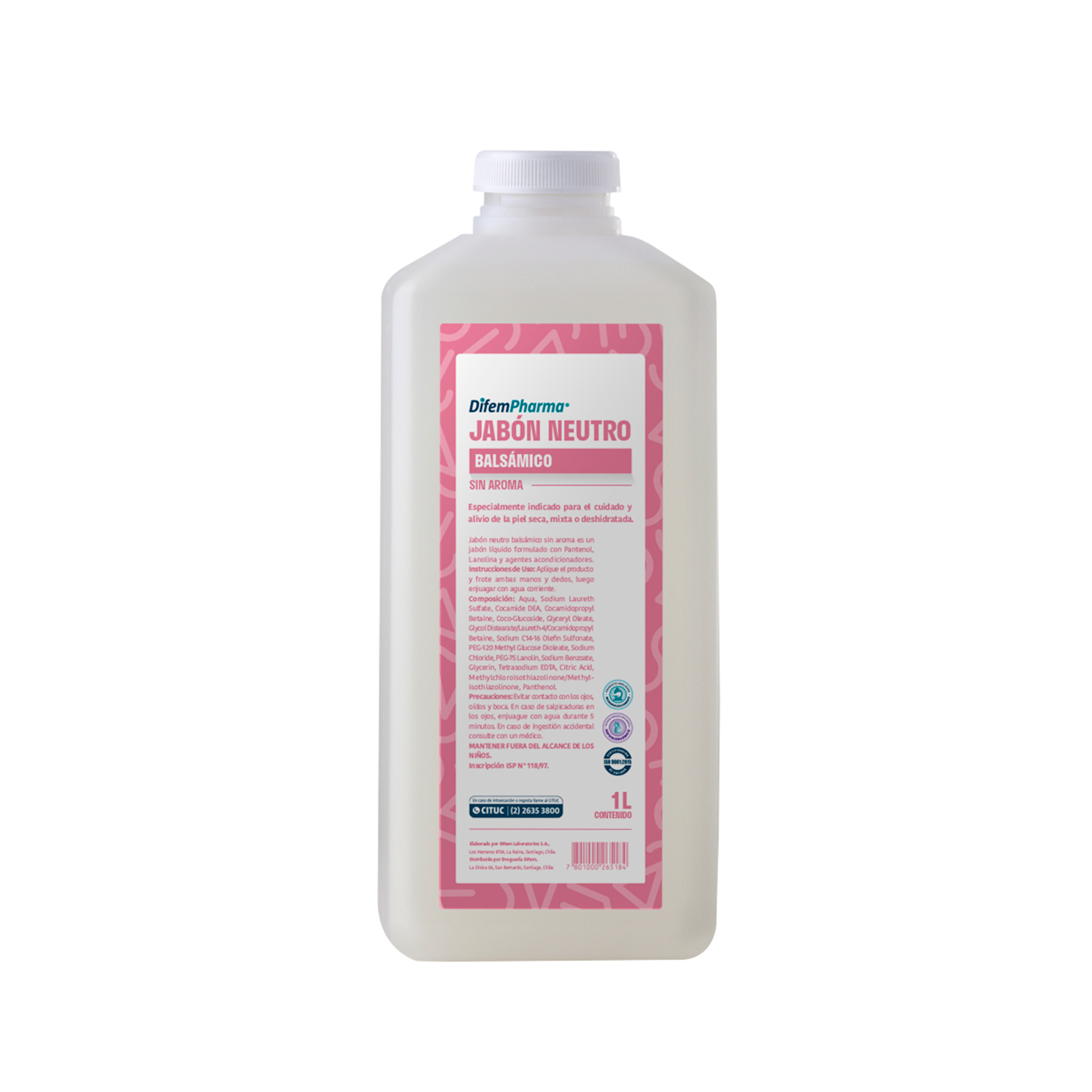 Jabón líquido formulado con Pantenol, Lanolina y agentes acondicionadores, especialmente indicado para el cuidado diario y alivio de la piel.