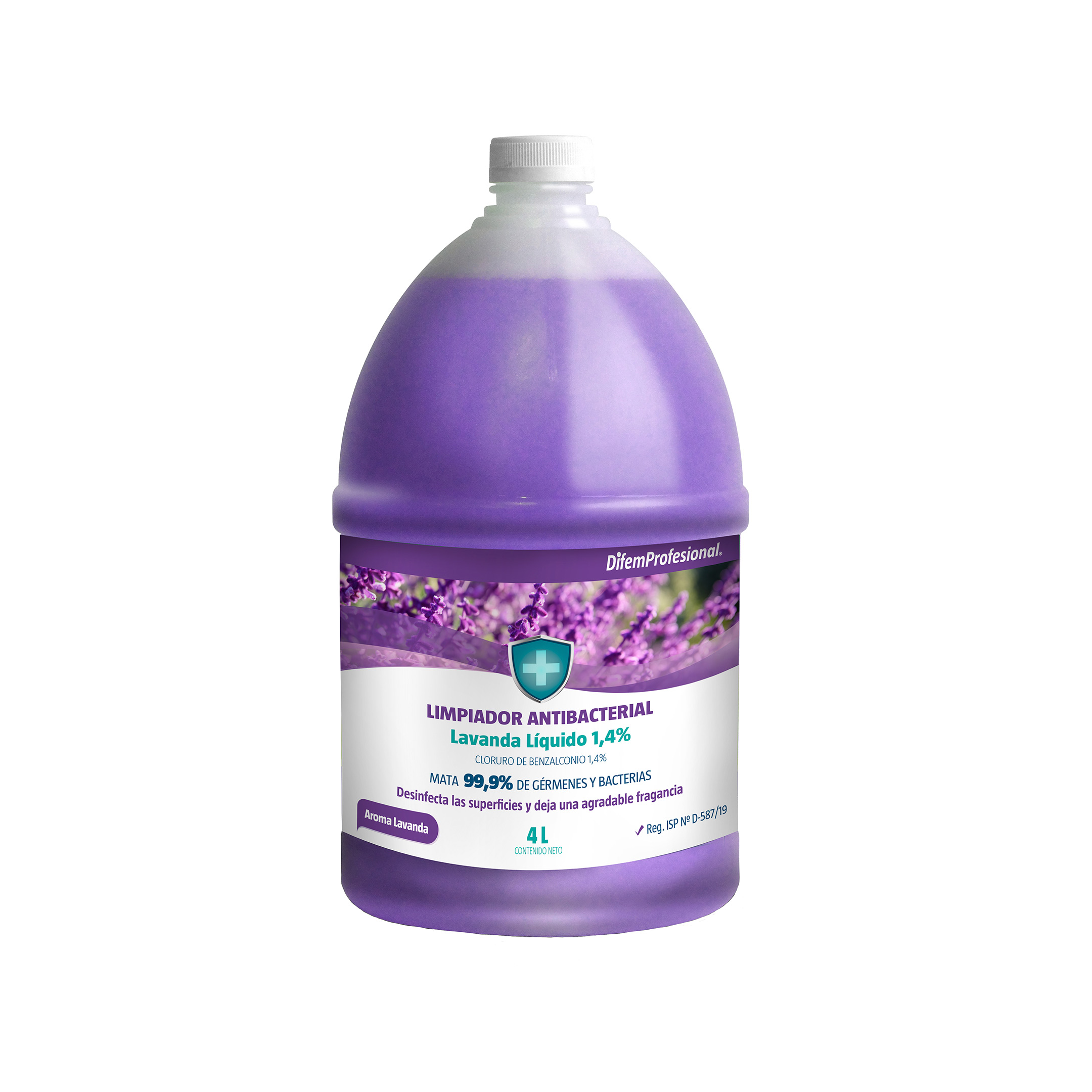 Limpiador líquido desinfectante, Cloruro de Benzalconio 1,4%, mata el 99,9% de germenes y bacterias, desinfecta las superficies y deja una agradable aroma.
